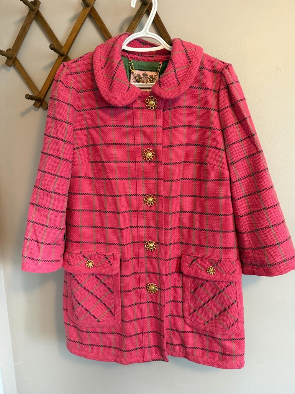 Vintage Juicy Couture Pink Plaid Tweed Pea Coat Gold Buttons L (vintage sizing)